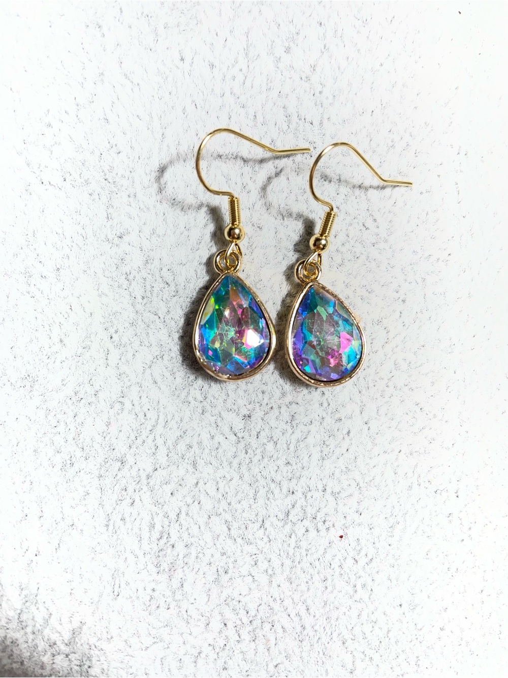 Gold Tone Teardrop Aurora Crystal Dangle Earrings 1 1/4" NEW